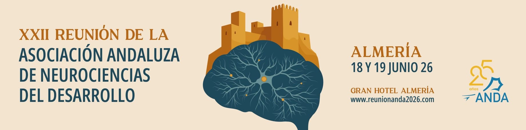 Cartel de la XXII Reunión de la Asociación Andaluza de Neurociencias del Desarrollo, Almería, 18 y 19 de junio de 2026.